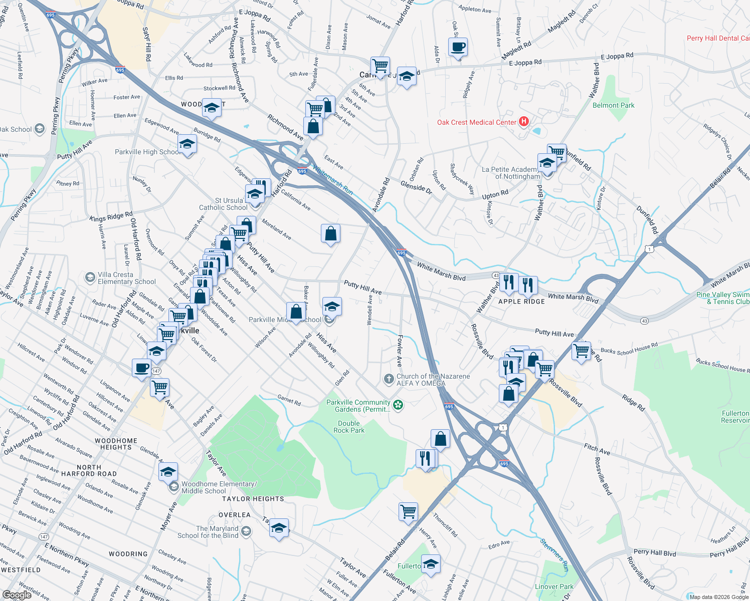 map of restaurants, bars, coffee shops, grocery stores, and more near 8722 Wendell Ave in Parkville