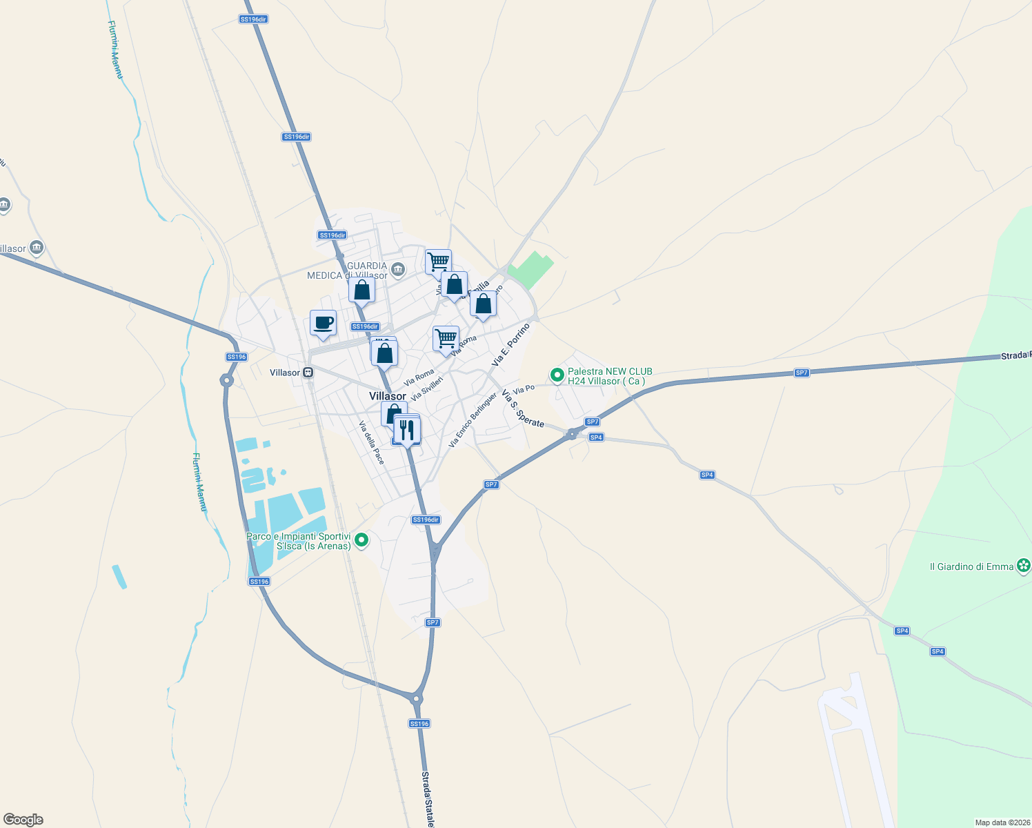 map of restaurants, bars, coffee shops, grocery stores, and more near 42 Via San Sperate in Villasor