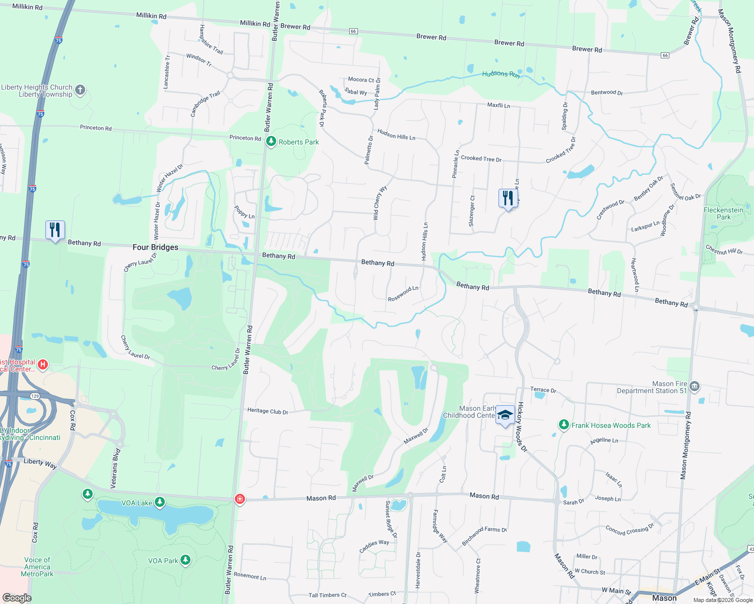 map of restaurants, bars, coffee shops, grocery stores, and more near 6451 Rosewood Ln in Mason