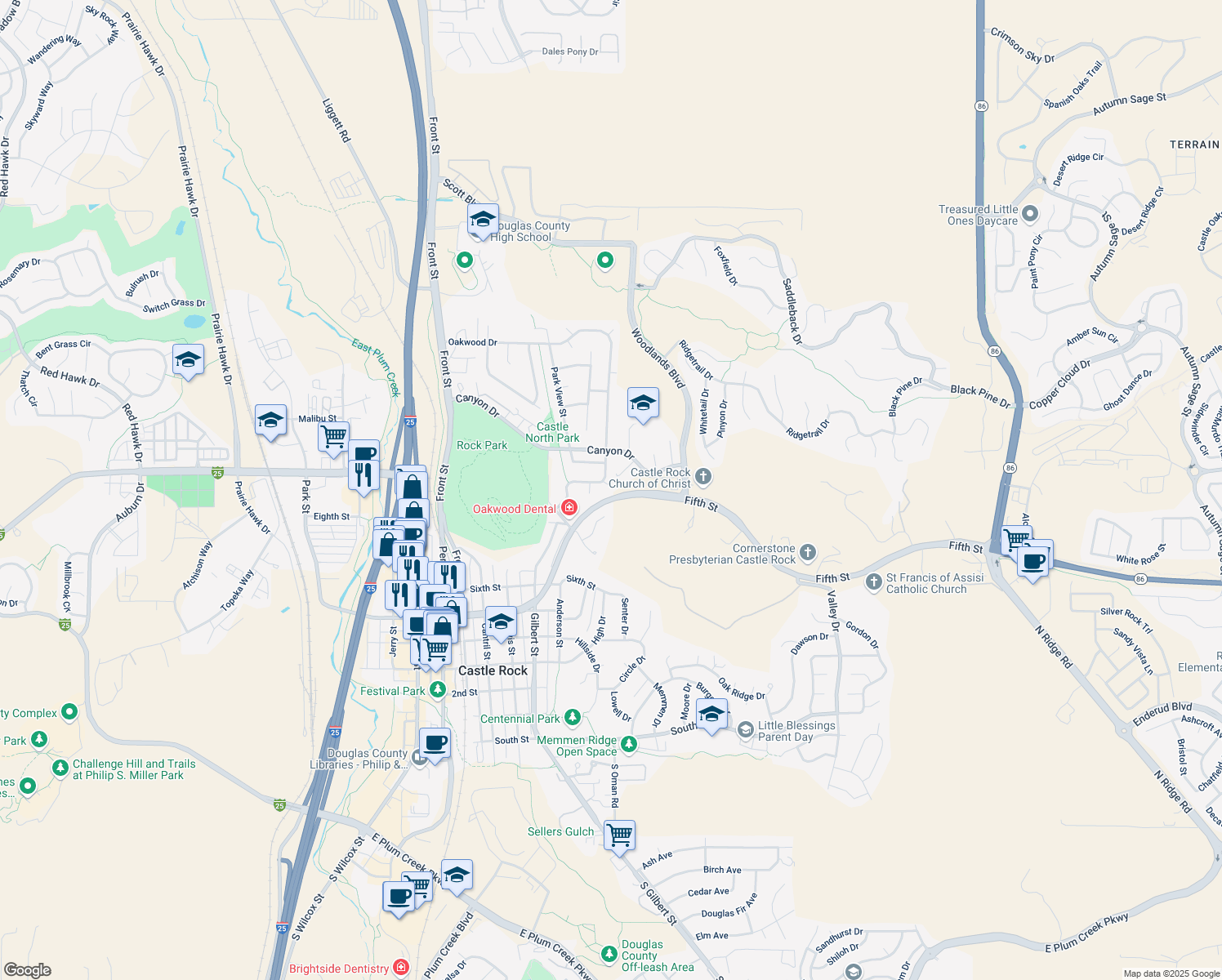map of restaurants, bars, coffee shops, grocery stores, and more near 946 Oakwood Drive in Castle Rock