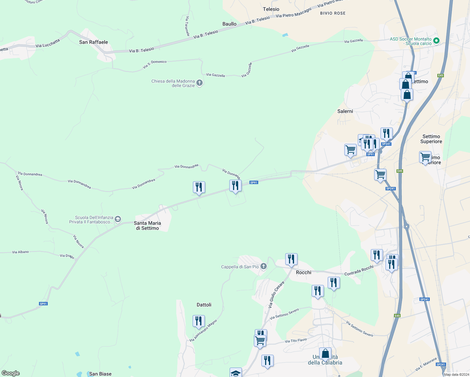 map of restaurants, bars, coffee shops, grocery stores, and more near 155 Via San Maria di Settimo in Provincia di Cosenza