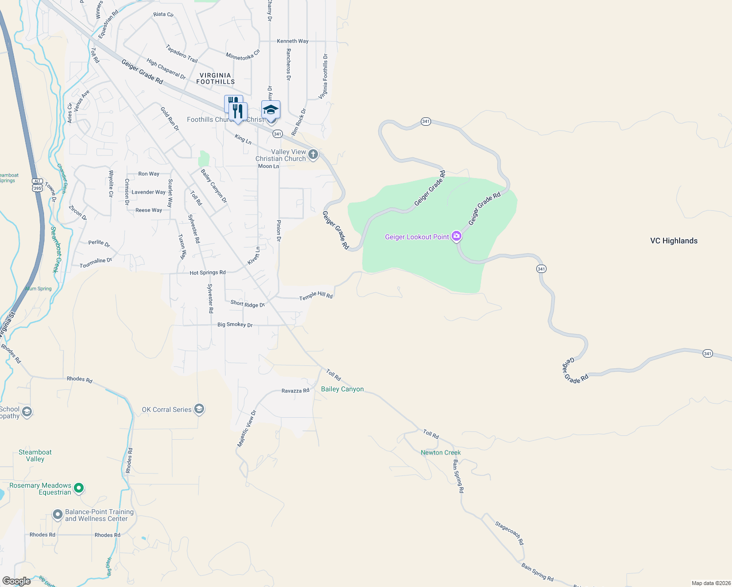 map of restaurants, bars, coffee shops, grocery stores, and more near 1985 Temple Hill Road in Reno