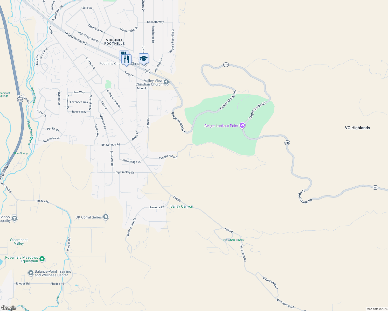 map of restaurants, bars, coffee shops, grocery stores, and more near 1985 Temple Hill Road in Reno