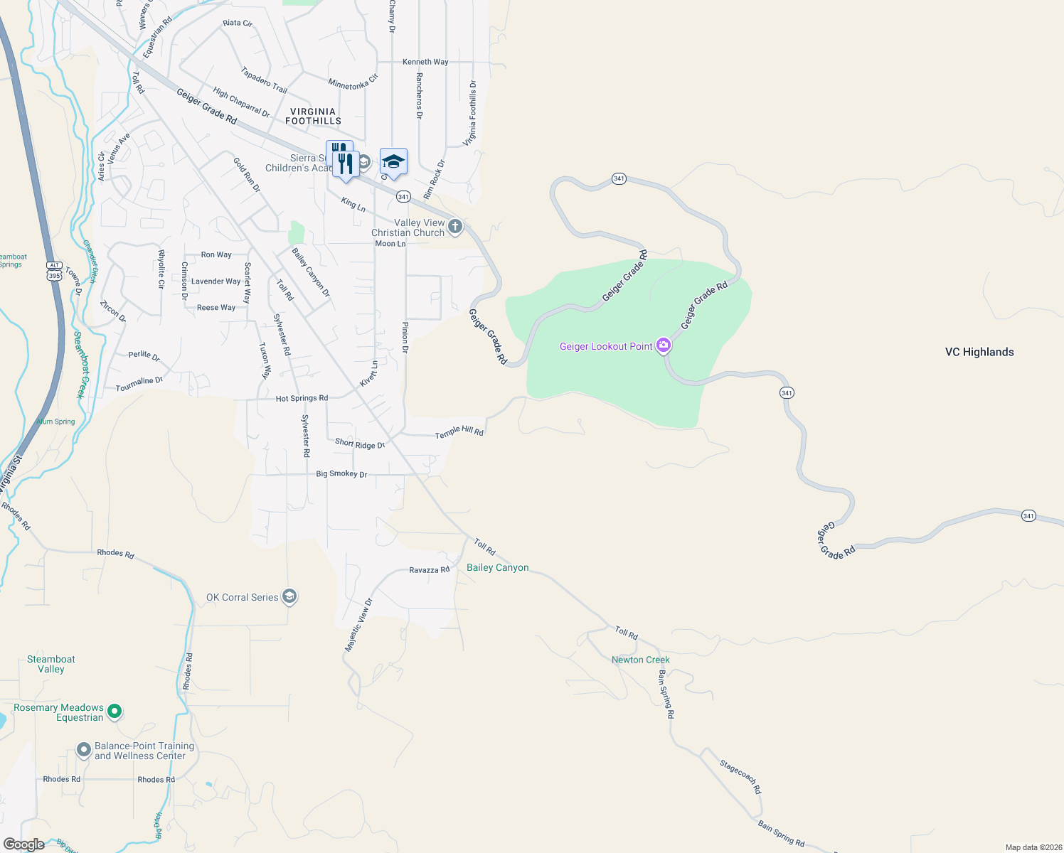 map of restaurants, bars, coffee shops, grocery stores, and more near 1985 Temple Hill Road in Reno