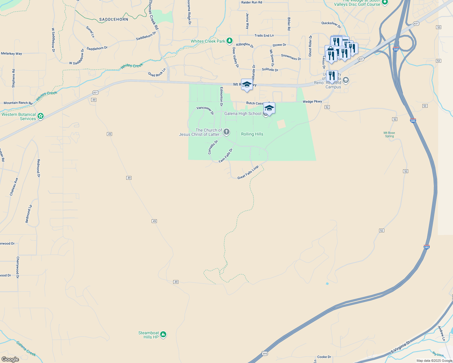 map of restaurants, bars, coffee shops, grocery stores, and more near 527 Kirkland Court in Reno