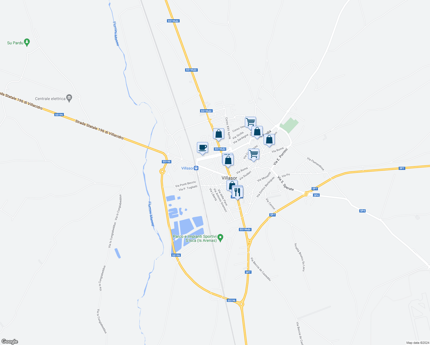 map of restaurants, bars, coffee shops, grocery stores, and more near 17 Via Felice Serra in Villasor