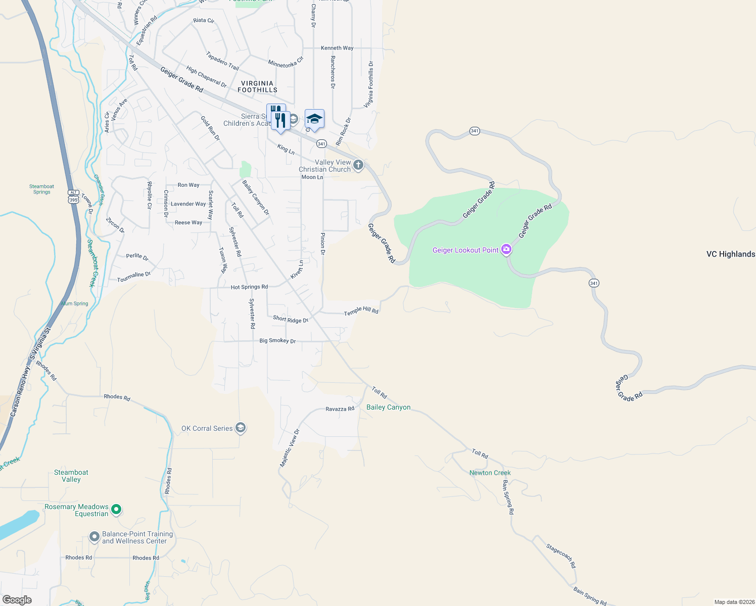 map of restaurants, bars, coffee shops, grocery stores, and more near 1985 Temple Hill Road in Reno