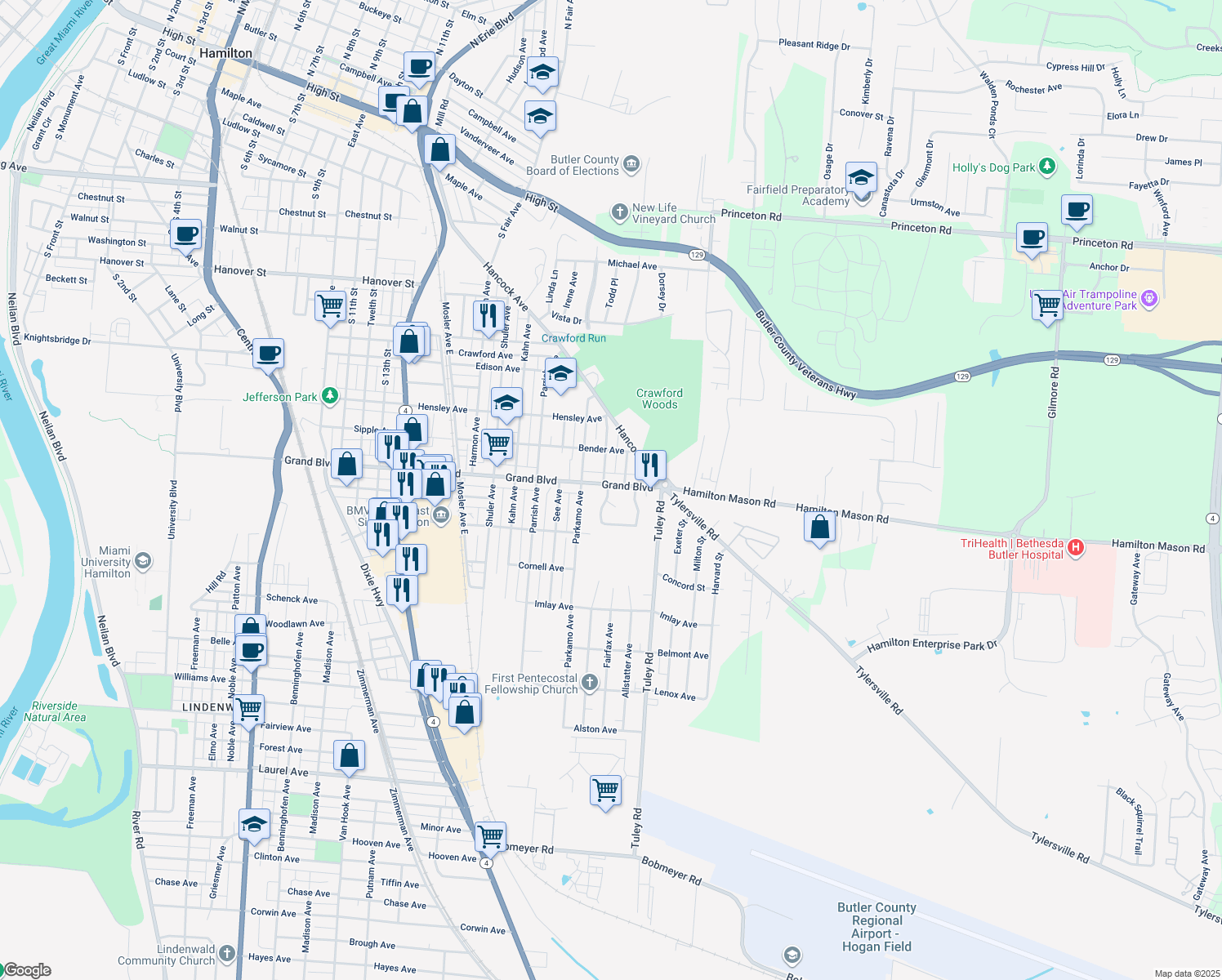 map of restaurants, bars, coffee shops, grocery stores, and more near 2301 Grand Boulevard in Hamilton
