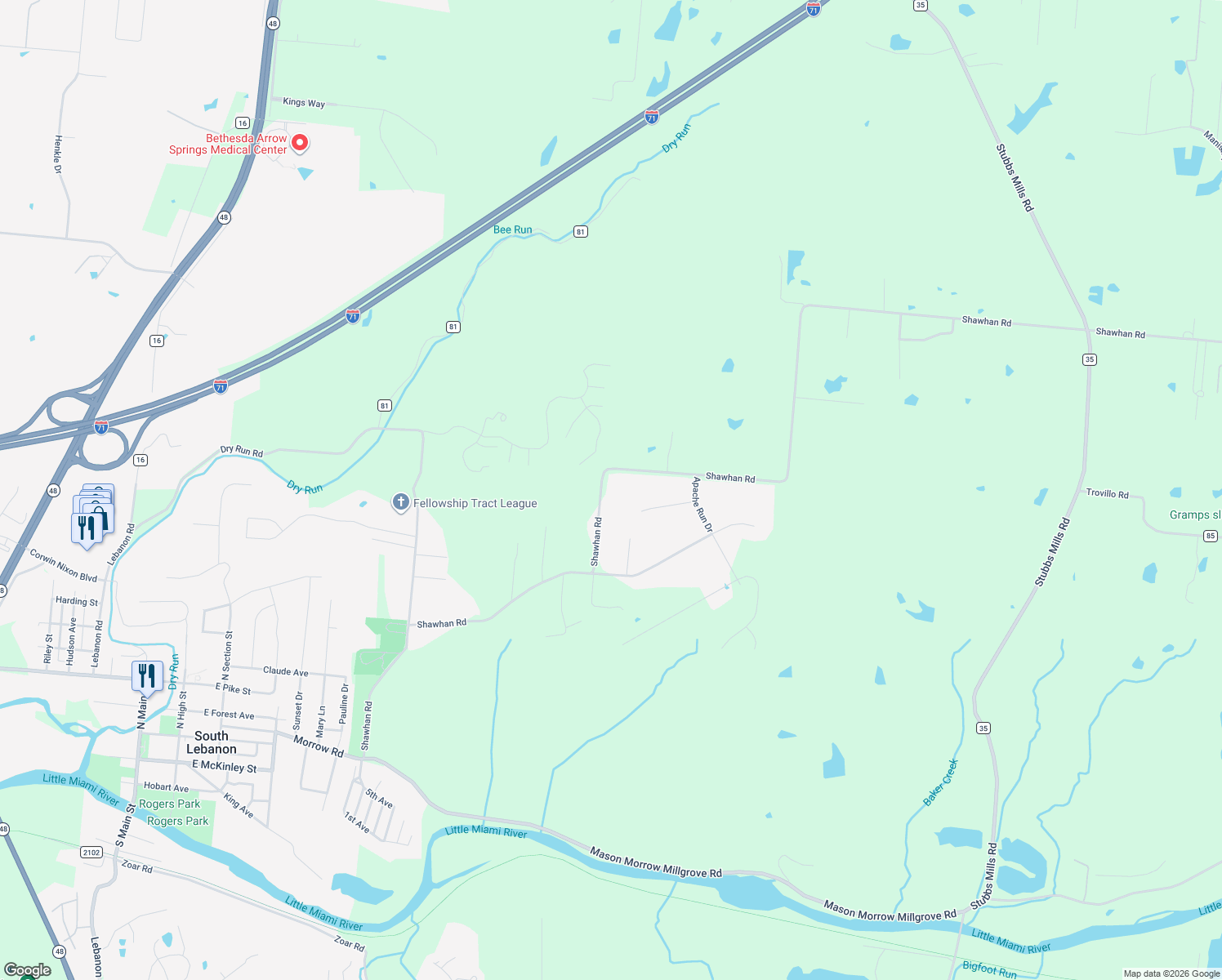 map of restaurants, bars, coffee shops, grocery stores, and more near 1129 Shawhan Road in Morrow