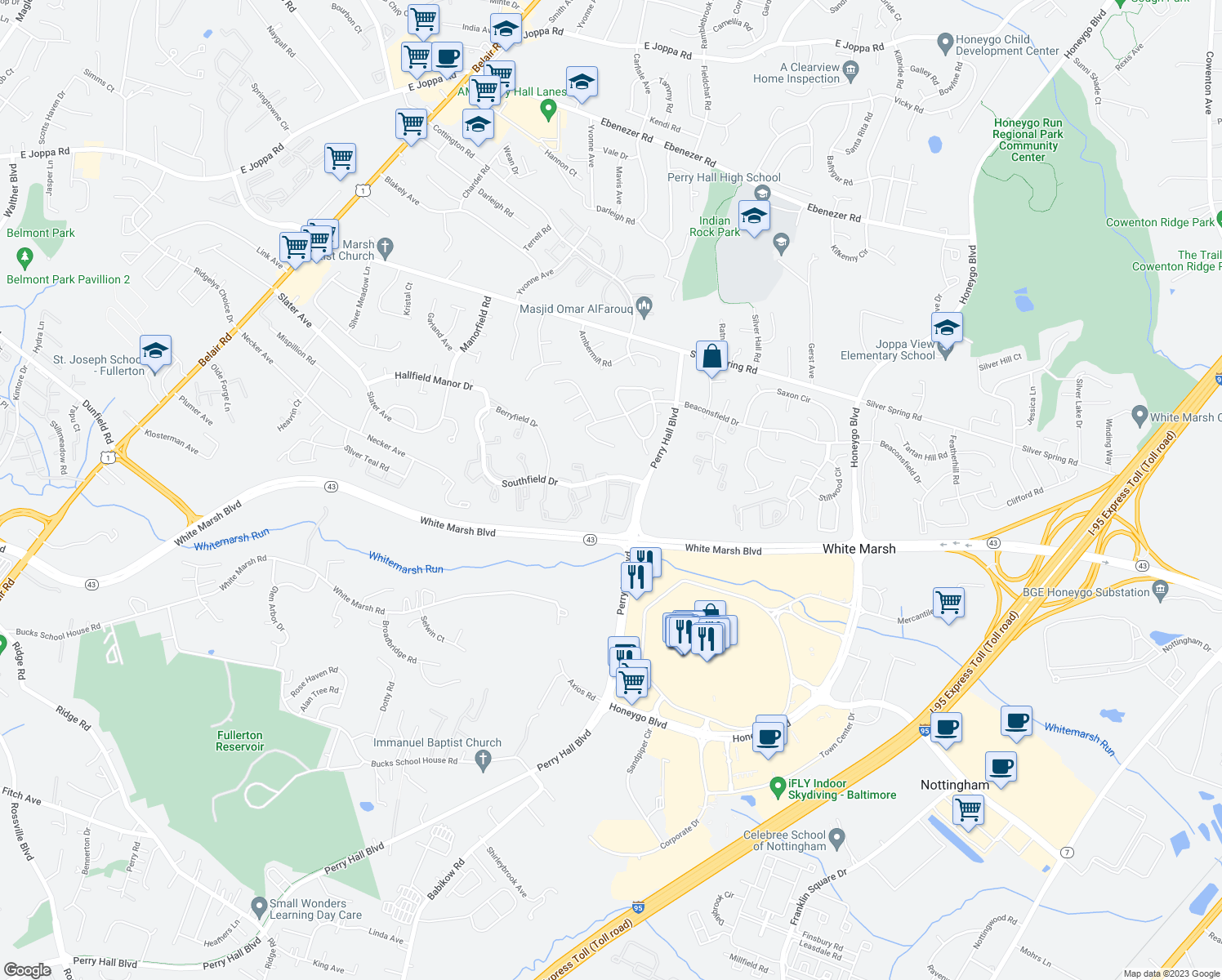 map of restaurants, bars, coffee shops, grocery stores, and more near 8382 Cypress Mill Road in Nottingham