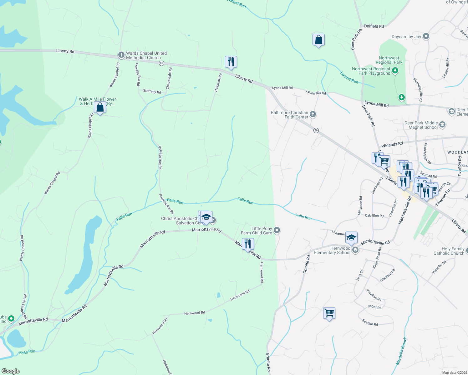 map of restaurants, bars, coffee shops, grocery stores, and more near 2994 Falls Run Road in Randallstown