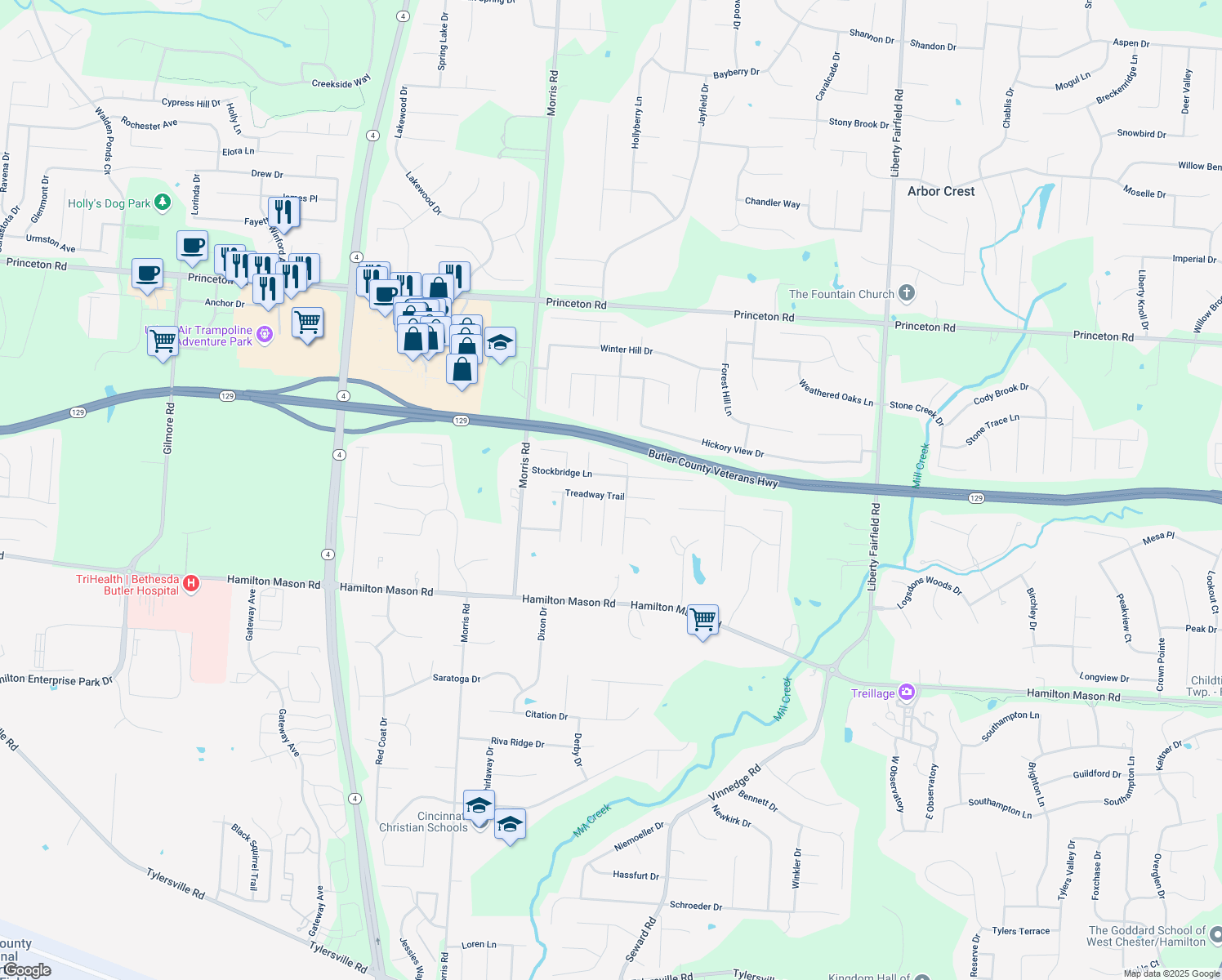 map of restaurants, bars, coffee shops, grocery stores, and more near 3742 Treadway Trail in Hamilton