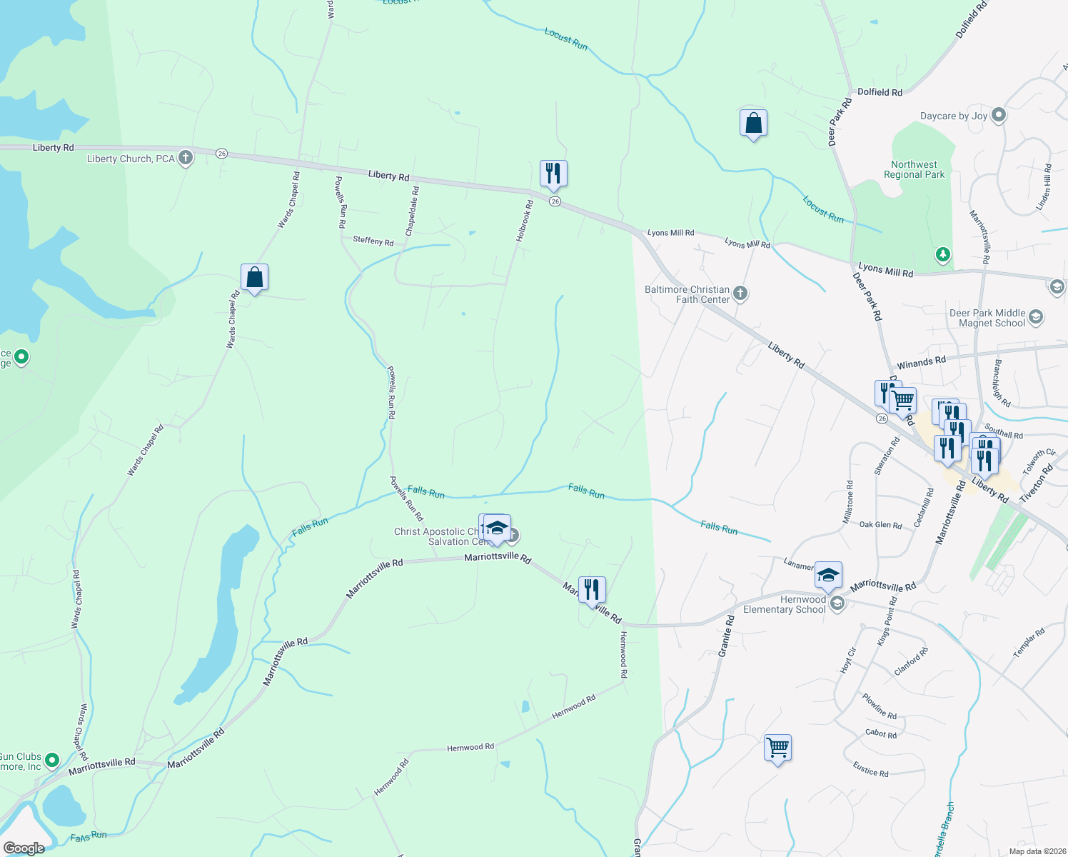 map of restaurants, bars, coffee shops, grocery stores, and more near 4129 Holbrook Road in Randallstown