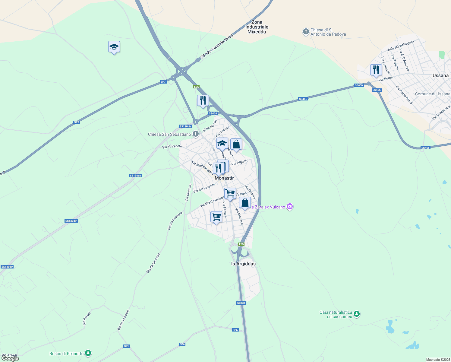 map of restaurants, bars, coffee shops, grocery stores, and more near 109 Via Nazionale in Monastir