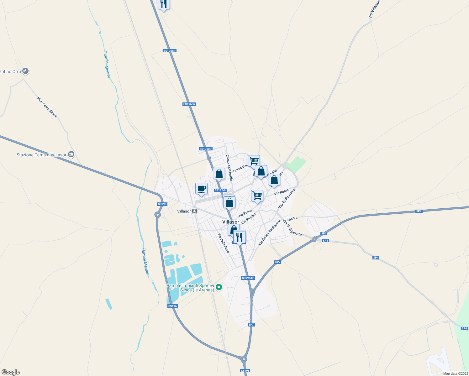 map of restaurants, bars, coffee shops, grocery stores, and more near 6 Corso XXV Aprile in Villasor