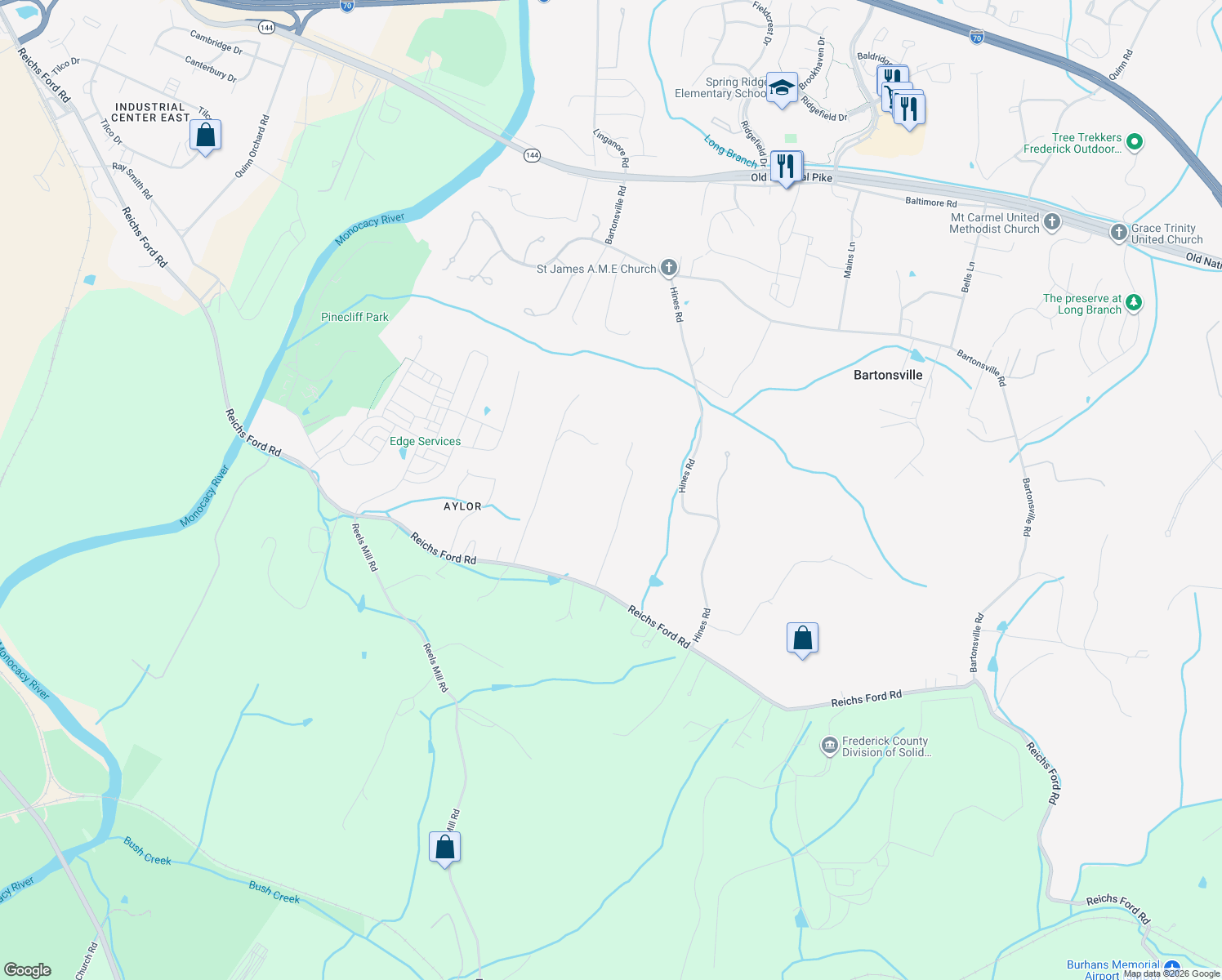 map of restaurants, bars, coffee shops, grocery stores, and more near 8708 Reichs Ford Road in Frederick