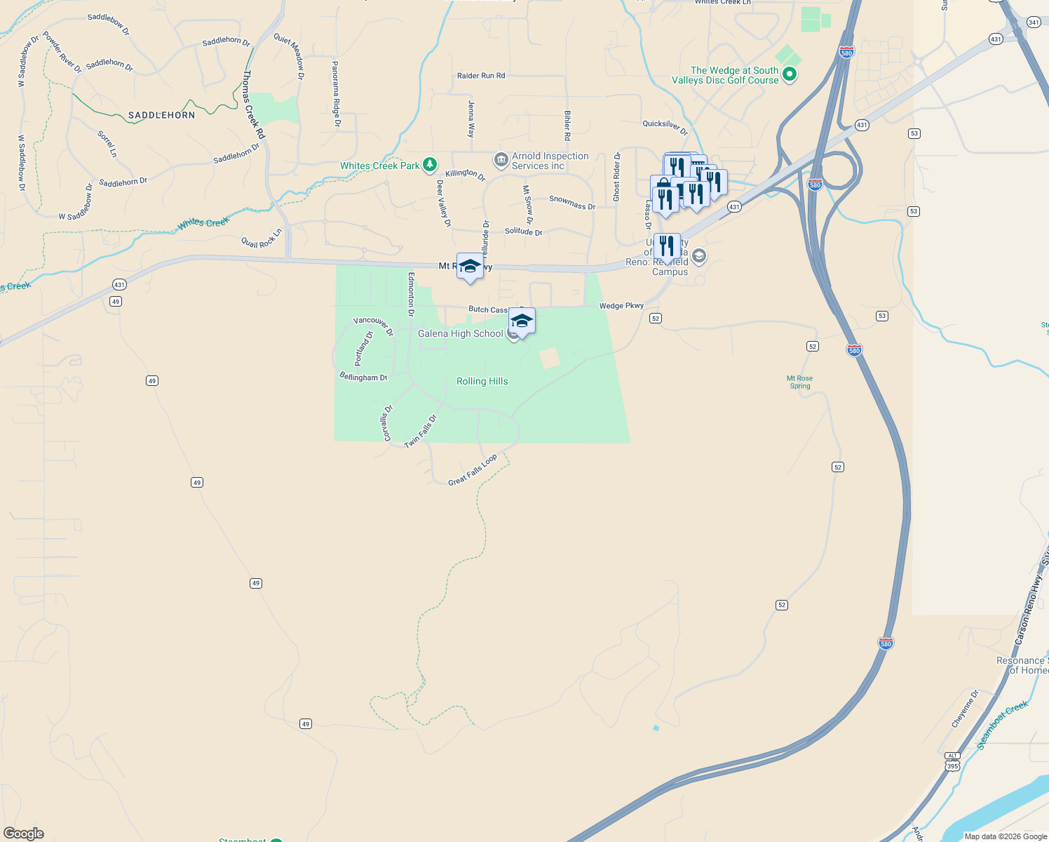 map of restaurants, bars, coffee shops, grocery stores, and more near 4540 Great Falls Loop in Reno