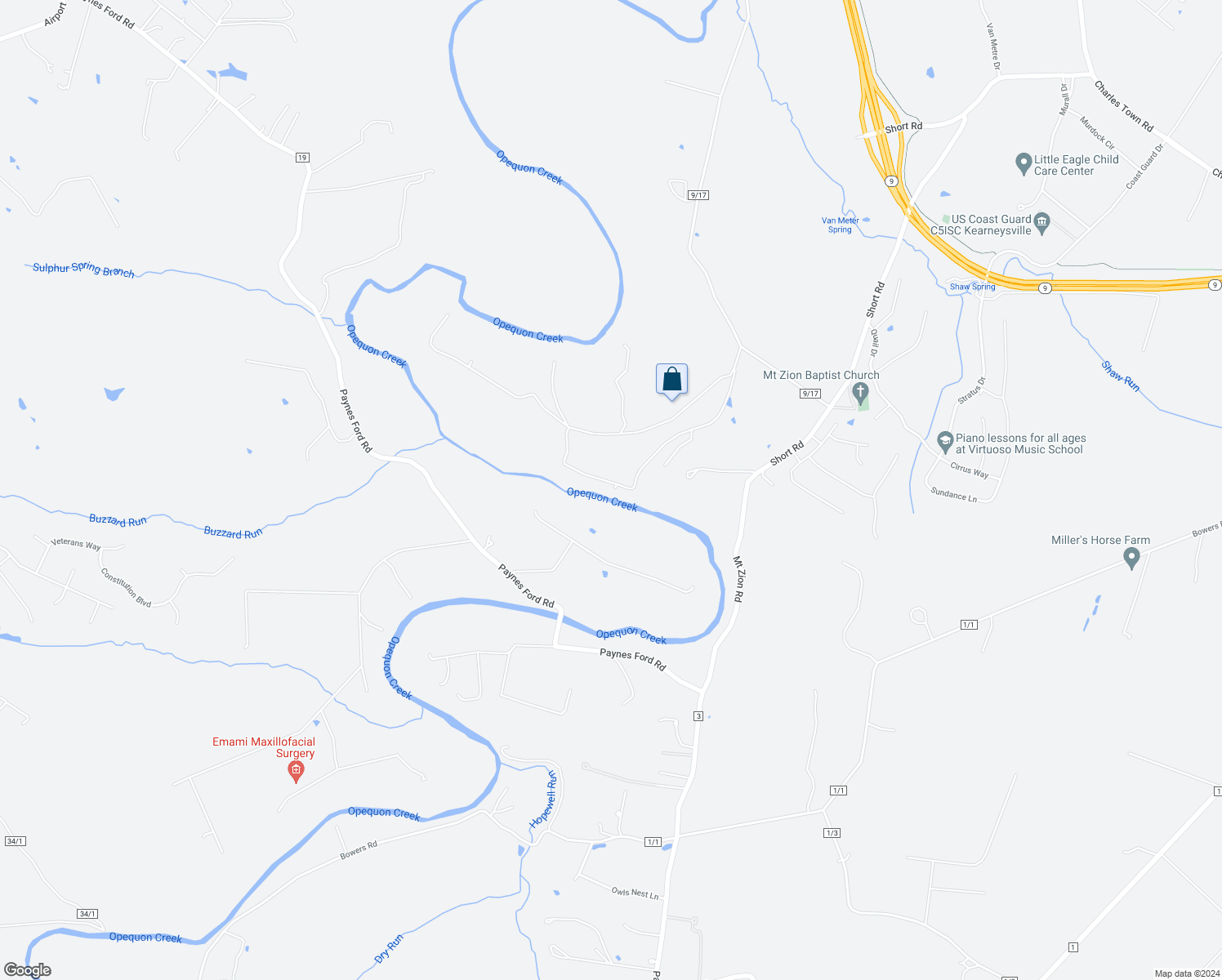 map of restaurants, bars, coffee shops, grocery stores, and more near 256 Ginger Drive in Kearneysville