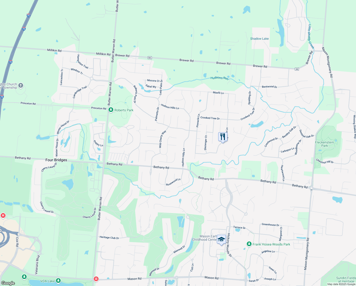map of restaurants, bars, coffee shops, grocery stores, and more near 6424 Cedar Creek Ct in Mason