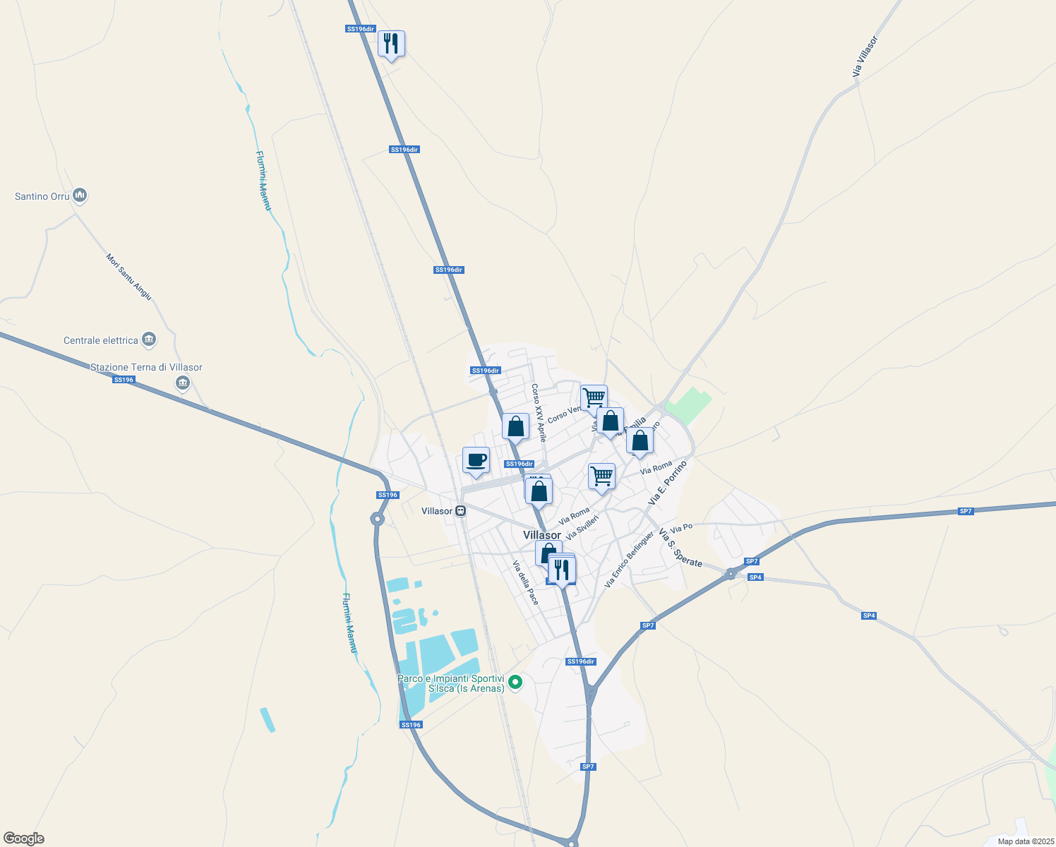 map of restaurants, bars, coffee shops, grocery stores, and more near 21 Via Y. A. Gagarin in Villasor