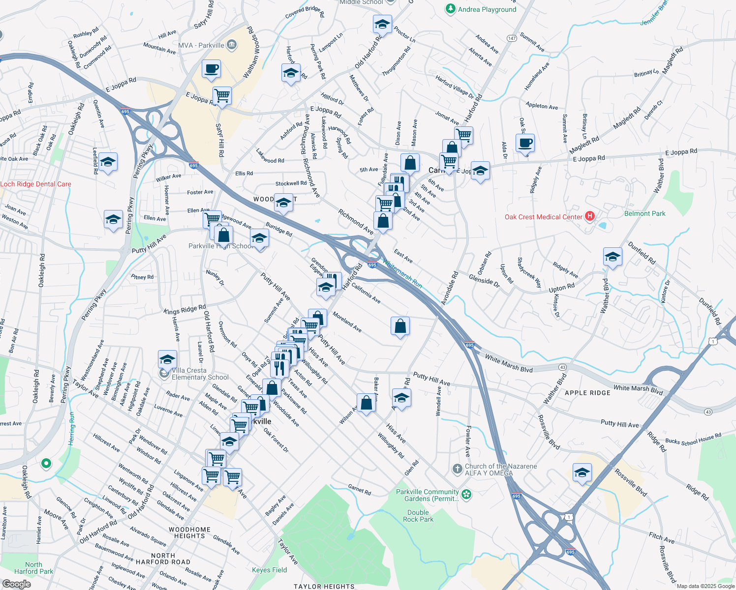 map of restaurants, bars, coffee shops, grocery stores, and more near 3049 California Avenue in Parkville