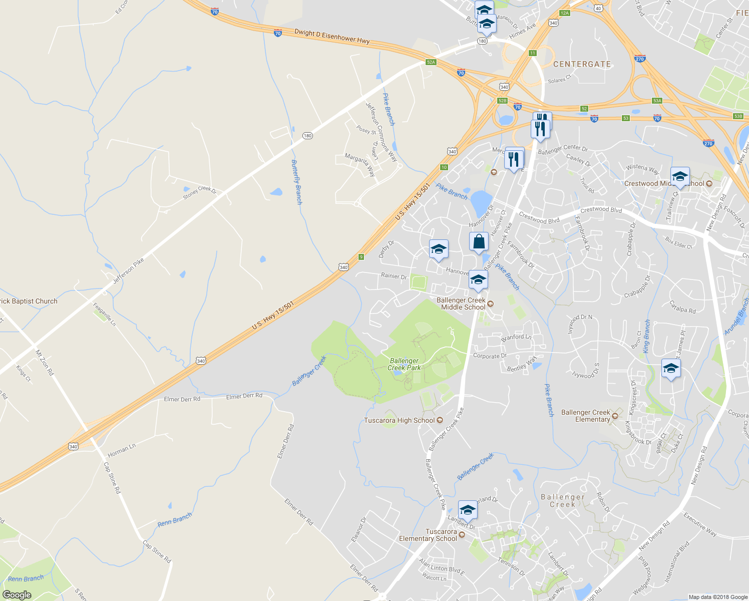 map of restaurants, bars, coffee shops, grocery stores, and more near 5536 Fox Hall Court in Frederick
