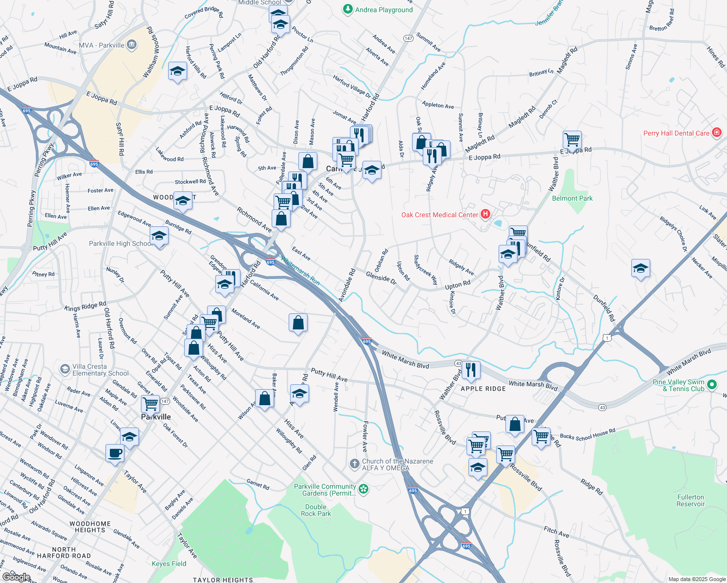 map of restaurants, bars, coffee shops, grocery stores, and more near 9116 Orbitan Road in Parkville
