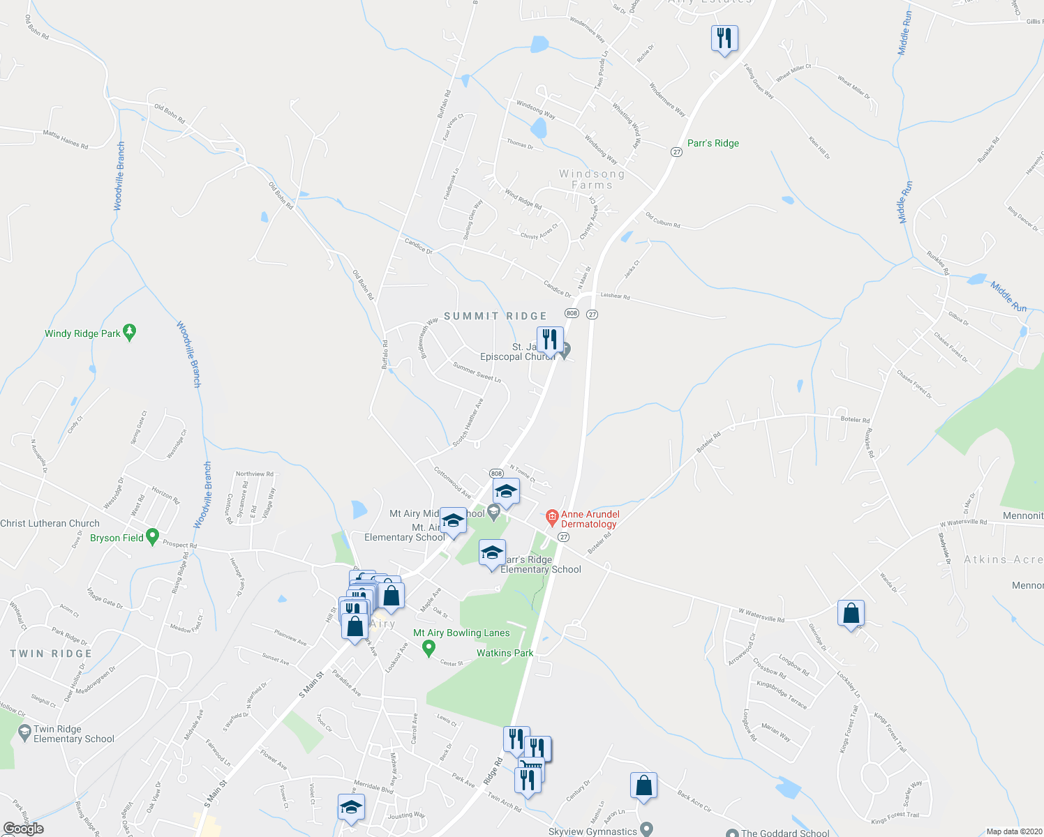 map of restaurants, bars, coffee shops, grocery stores, and more near 1008 North Main Street in Mount Airy