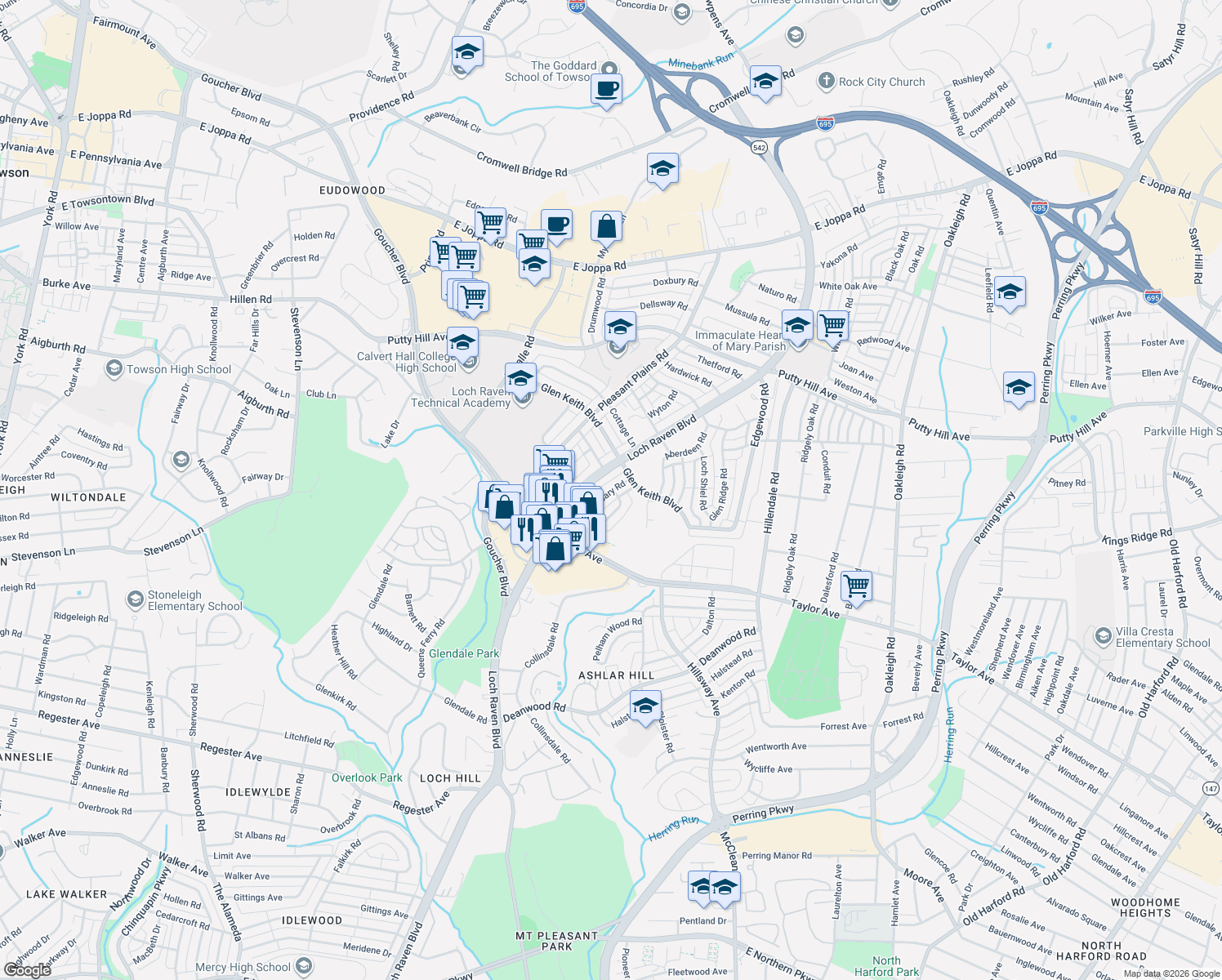 map of restaurants, bars, coffee shops, grocery stores, and more near 8146 Glen Gary Road in Parkville