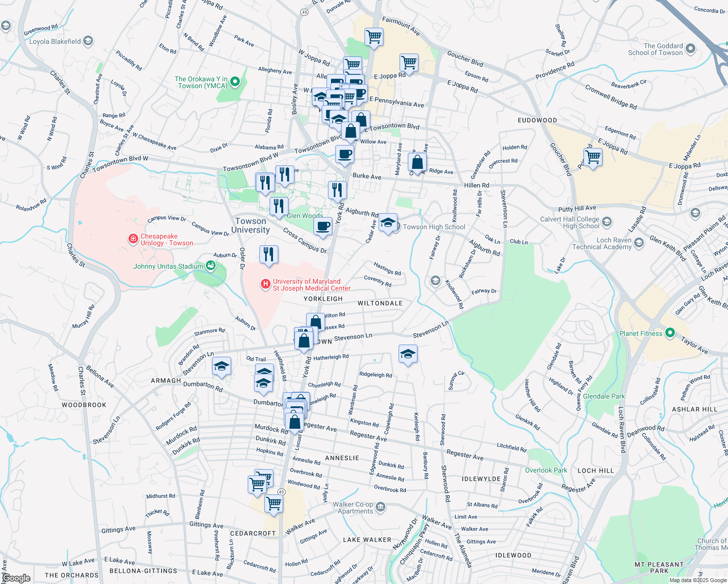 map of restaurants, bars, coffee shops, grocery stores, and more near 605 Worcester Road in Towson