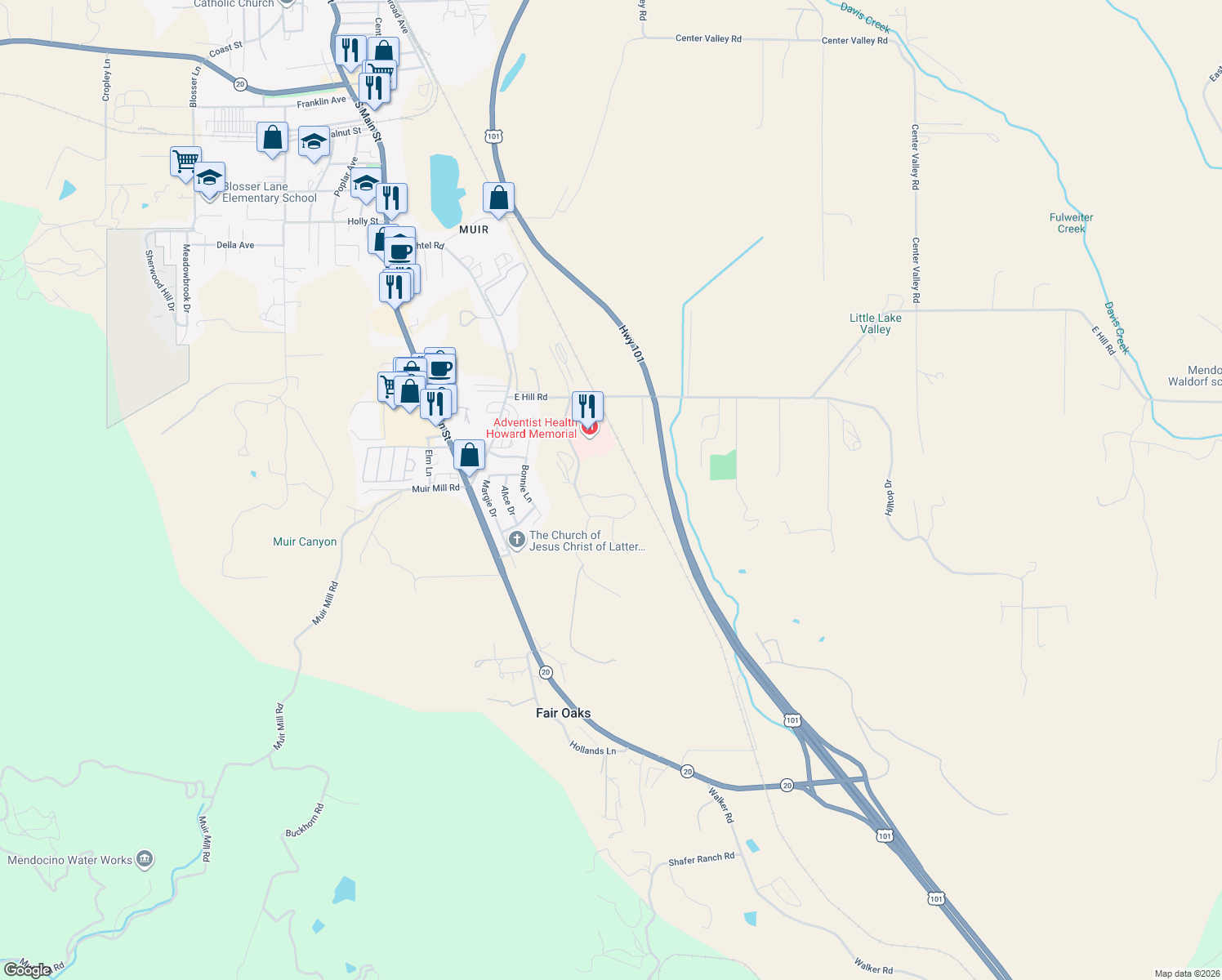 map of restaurants, bars, coffee shops, grocery stores, and more near 412 Grove St in Willits