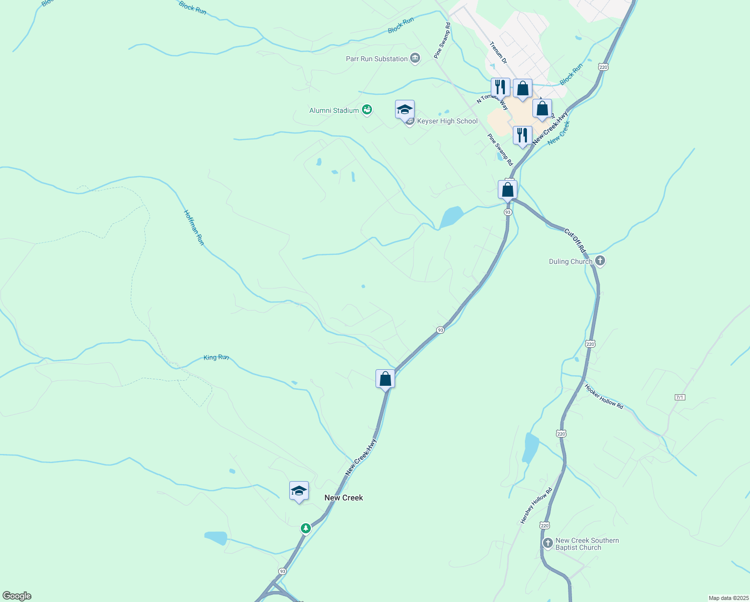 map of restaurants, bars, coffee shops, grocery stores, and more near 328 Wood Ridge Drive in Keyser