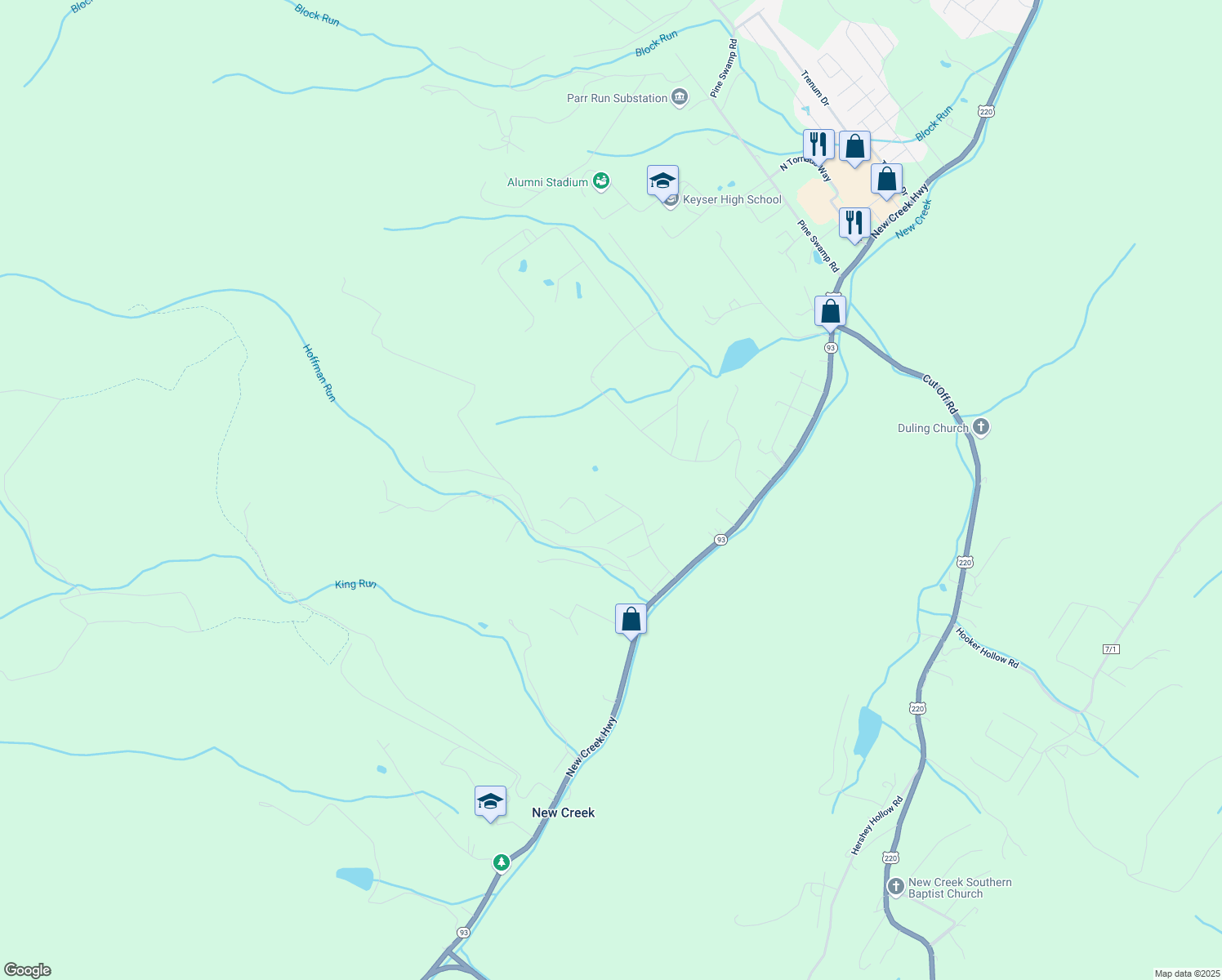 map of restaurants, bars, coffee shops, grocery stores, and more near 328 Wood Ridge Drive in Keyser