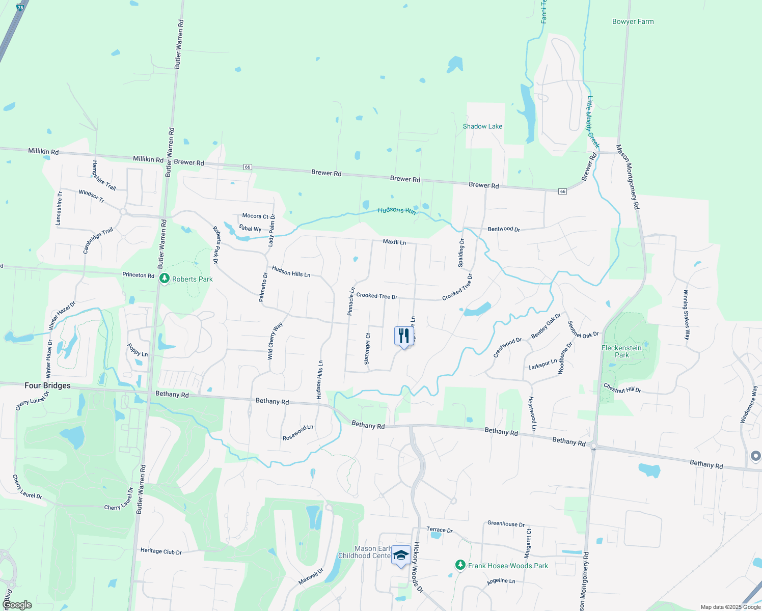 map of restaurants, bars, coffee shops, grocery stores, and more near 3564 Dunlop Ct in Mason