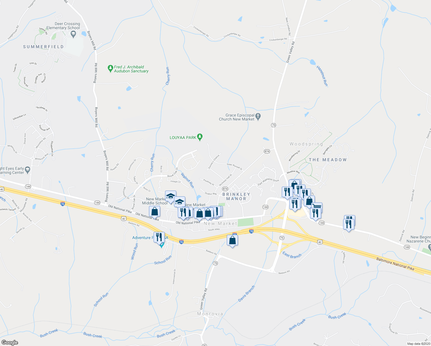 map of restaurants, bars, coffee shops, grocery stores, and more near 410 Richard Roberts Street in New Market