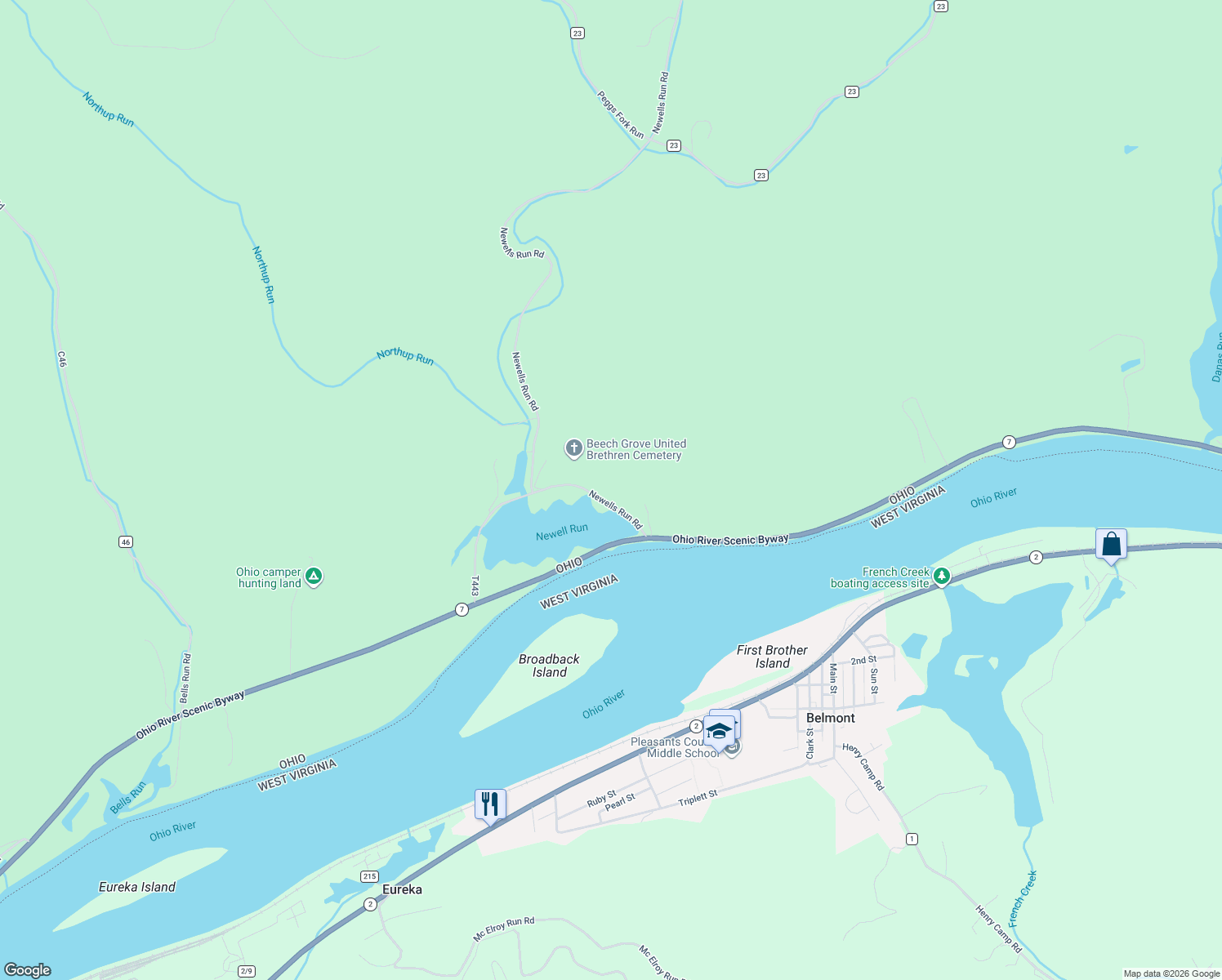 map of restaurants, bars, coffee shops, grocery stores, and more near 160 Newells Run Road in Newport