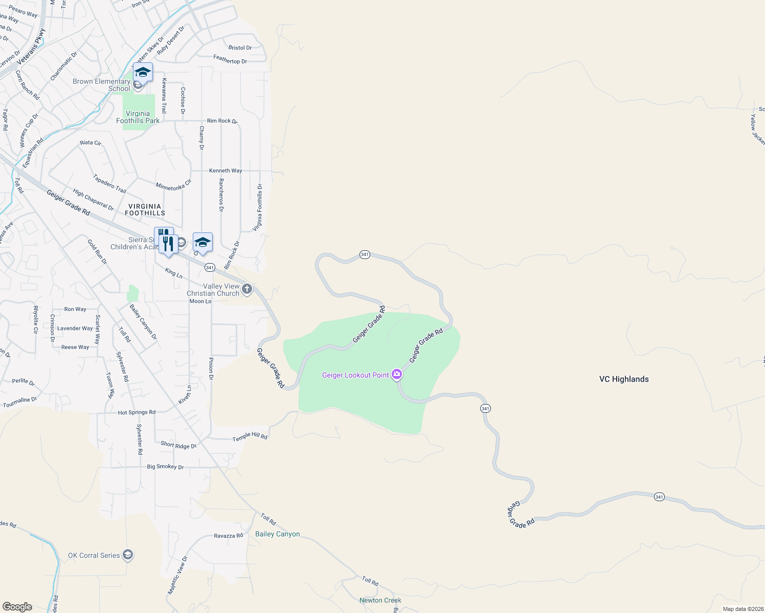 map of restaurants, bars, coffee shops, grocery stores, and more near 2396 Geiger Grade Road in Reno