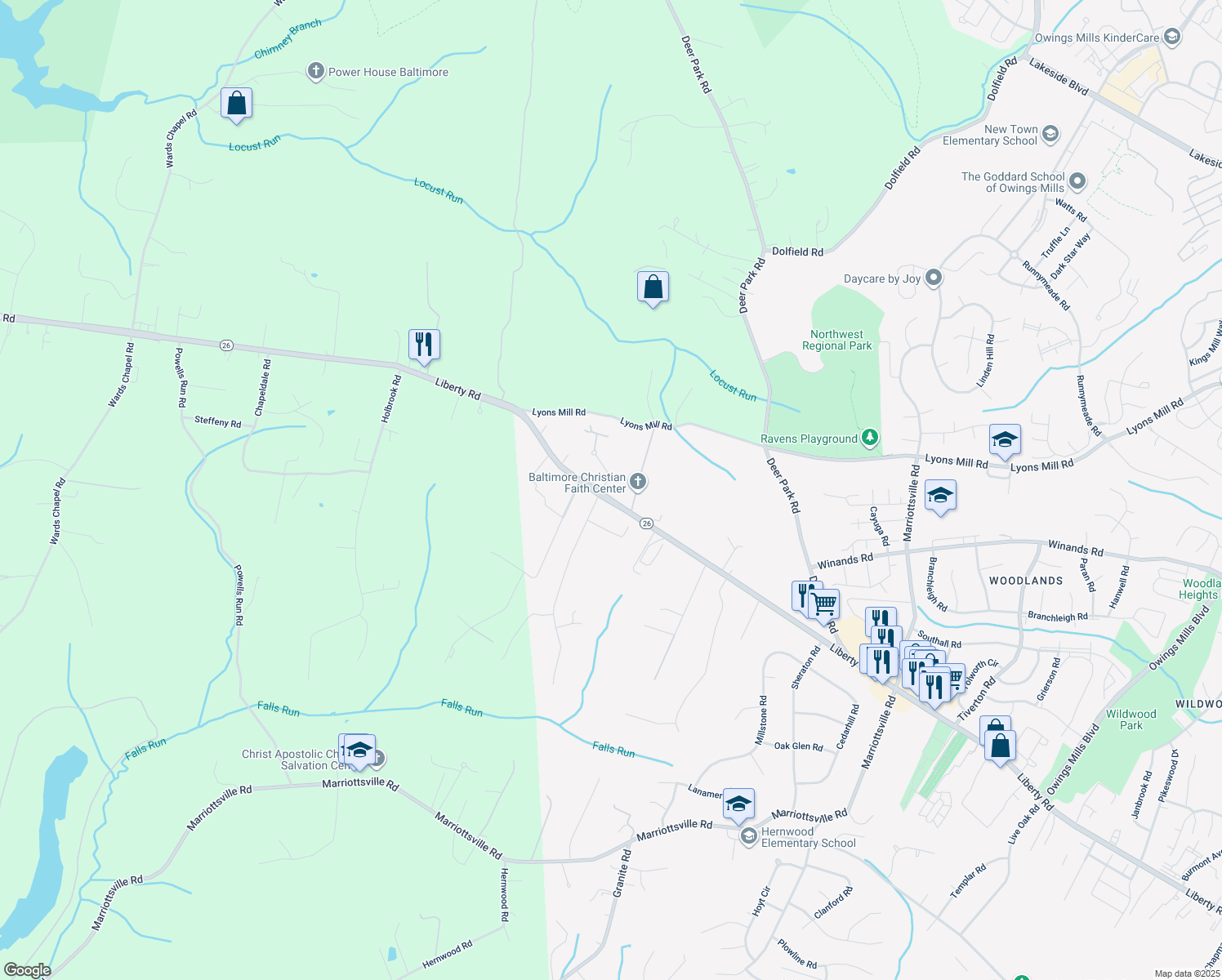 map of restaurants, bars, coffee shops, grocery stores, and more near 10310 Liberty Road in Randallstown