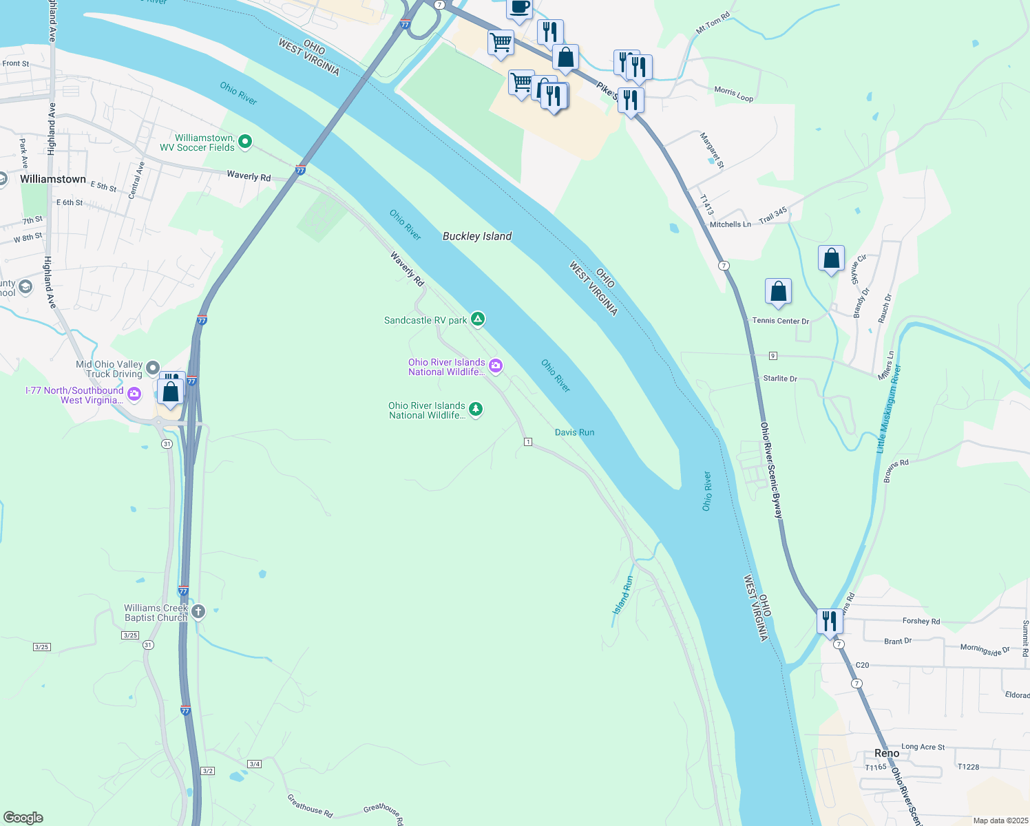 map of restaurants, bars, coffee shops, grocery stores, and more near 3982 Waverly Road in Williamstown