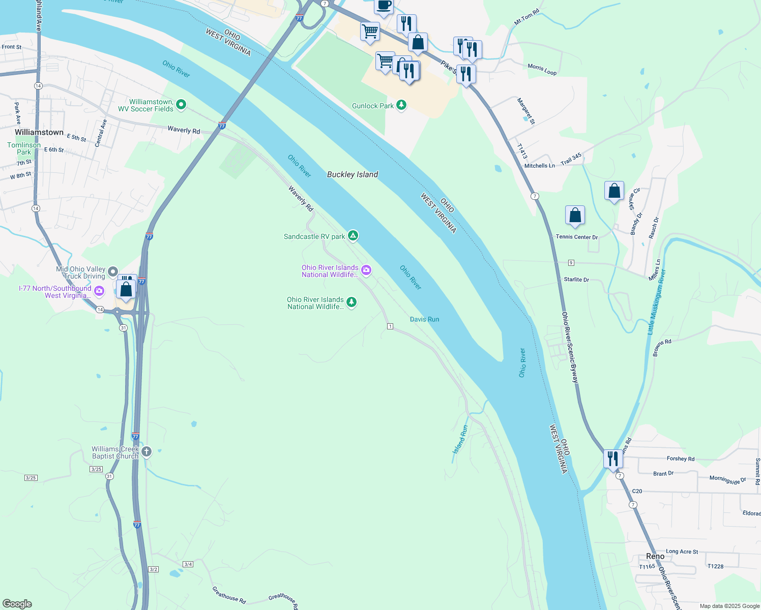 map of restaurants, bars, coffee shops, grocery stores, and more near 3982 Waverly Road in Williamstown
