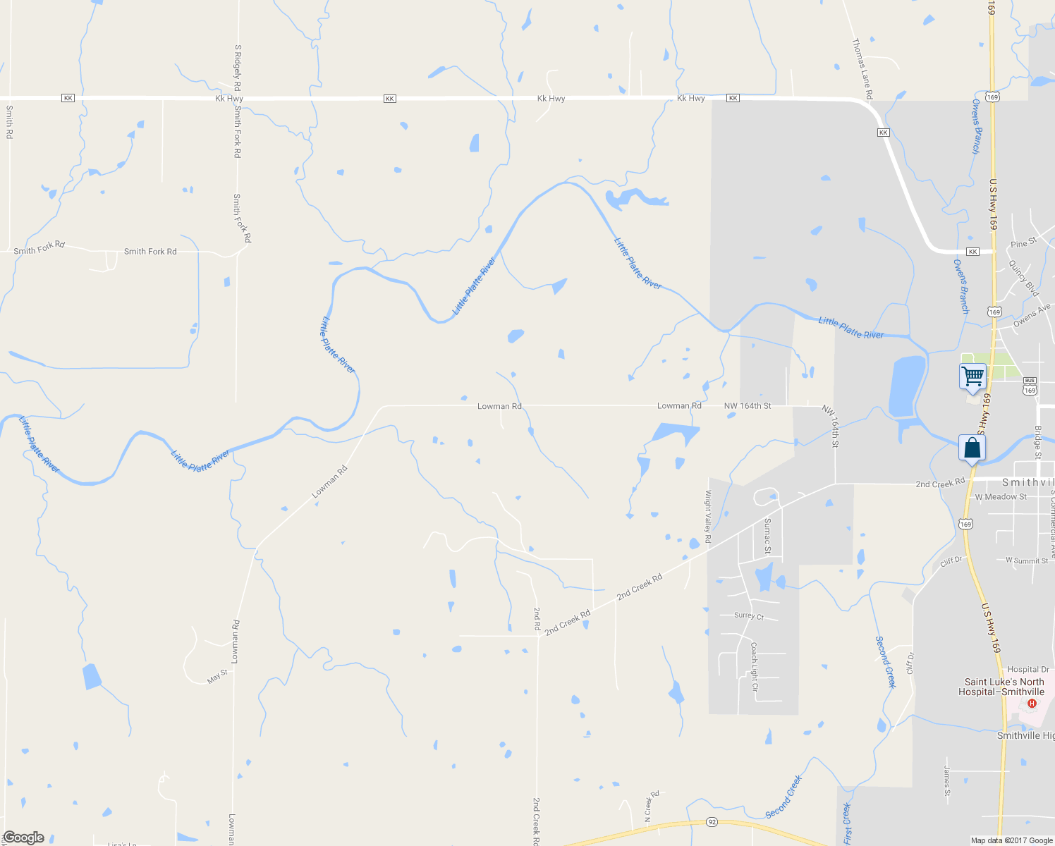 map of restaurants, bars, coffee shops, grocery stores, and more near 2925 Lowman Road in Smithville