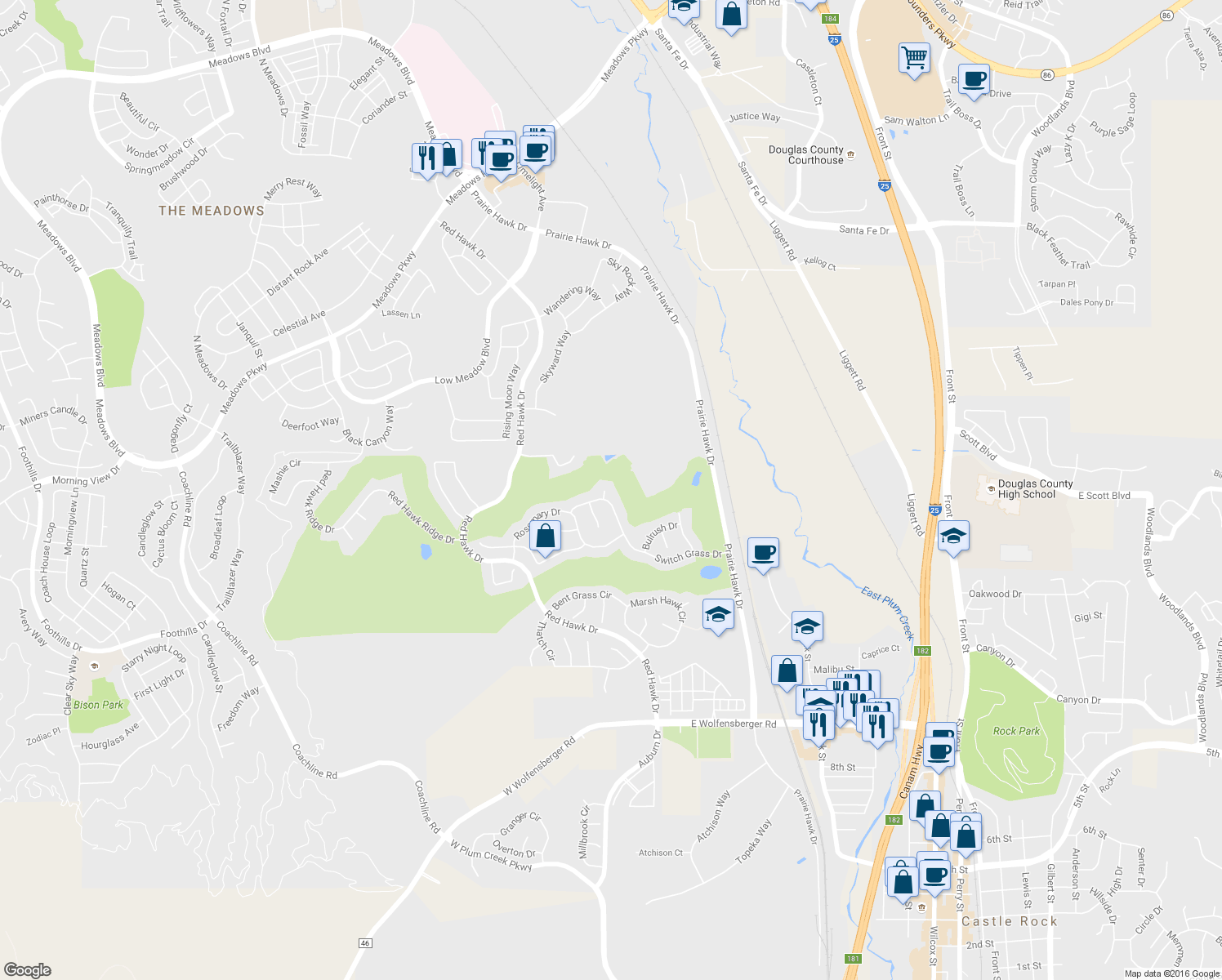 map of restaurants, bars, coffee shops, grocery stores, and more near 1413 Switch Grass Court in Castle Rock
