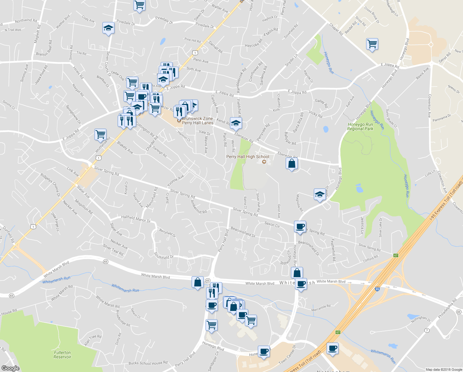 map of restaurants, bars, coffee shops, grocery stores, and more near 1 Lake Forest Court in Nottingham