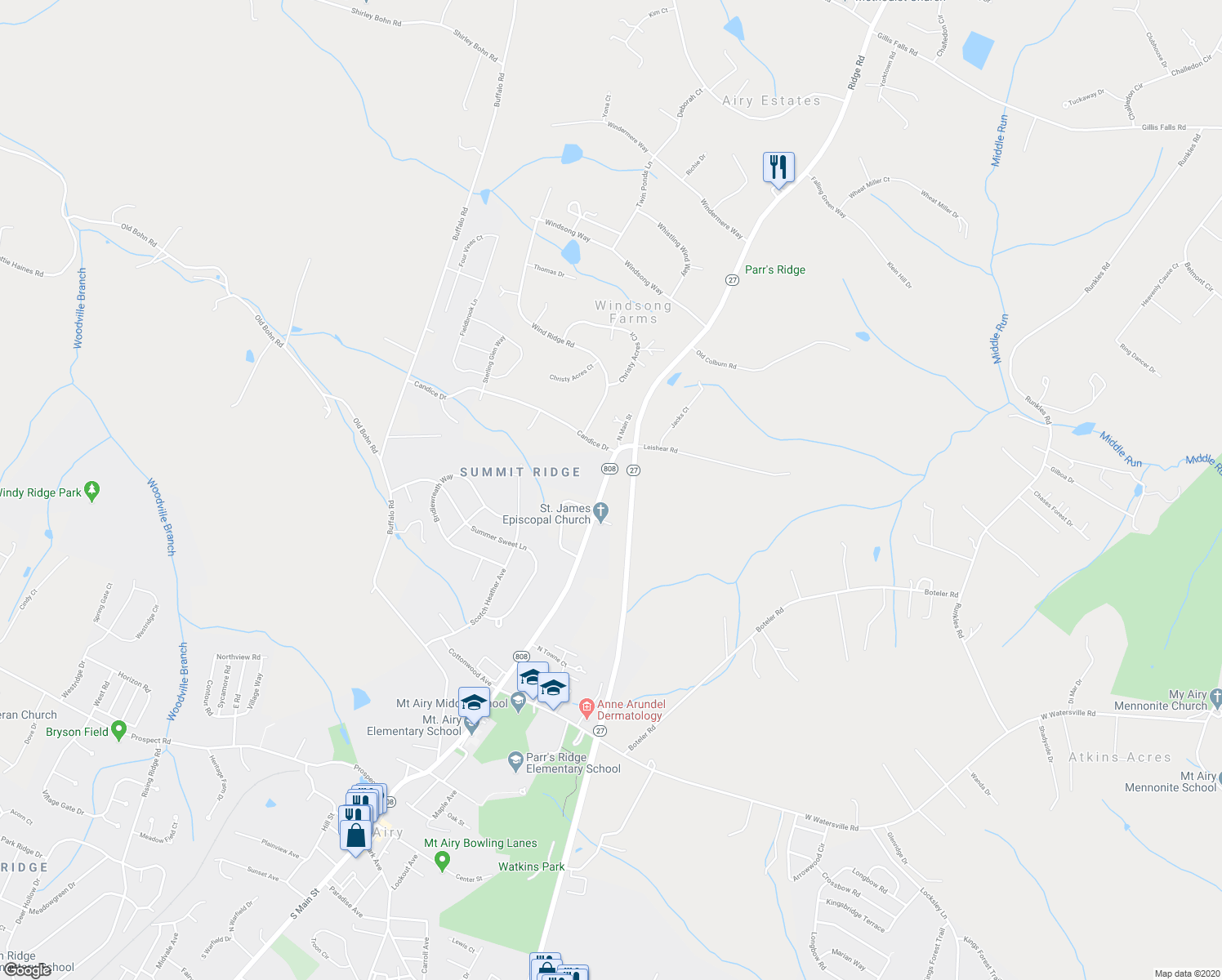 map of restaurants, bars, coffee shops, grocery stores, and more near 1405 North Main Street in Mount Airy