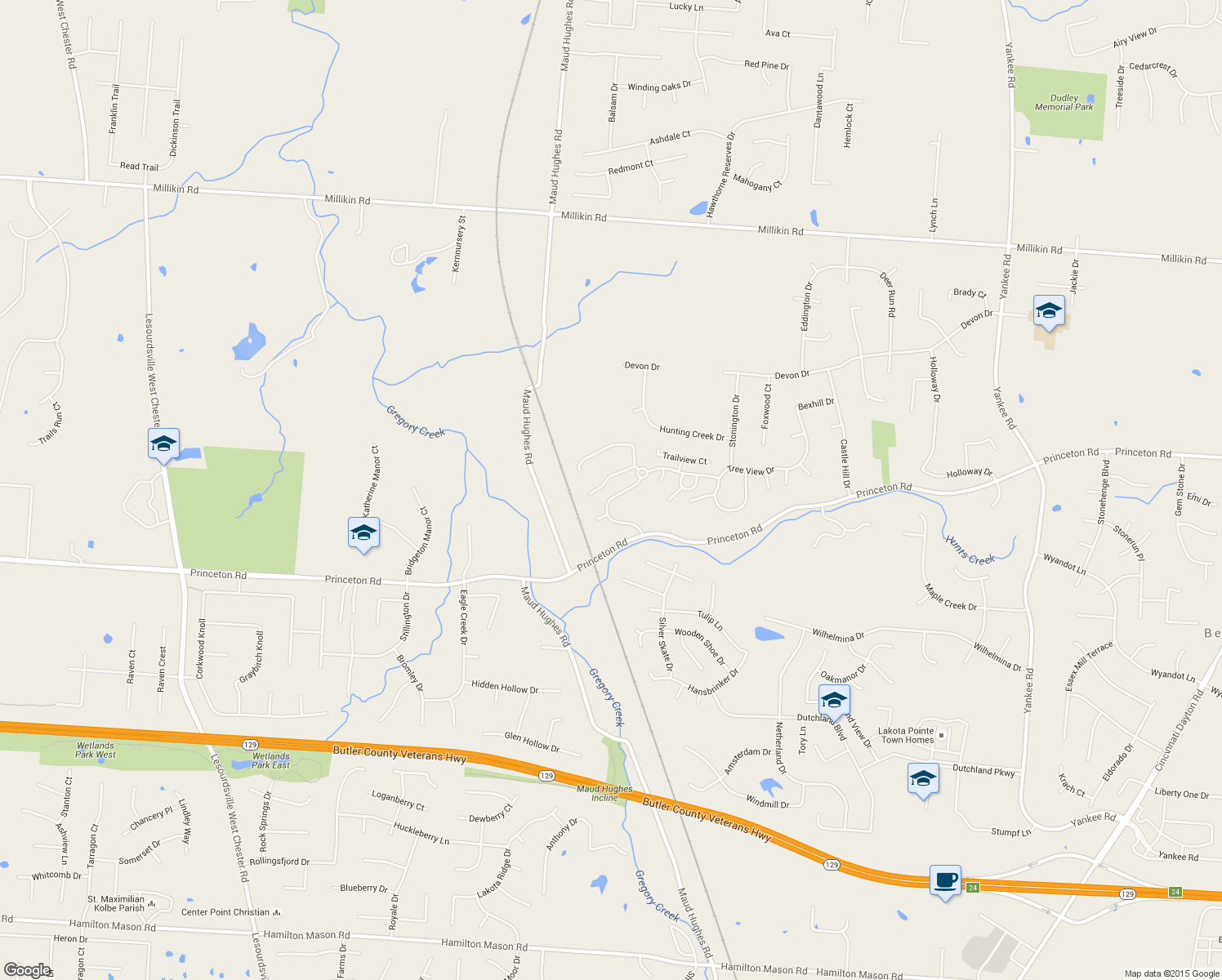 map of restaurants, bars, coffee shops, grocery stores, and more near 6425 Hughes Glen Court in Butler County