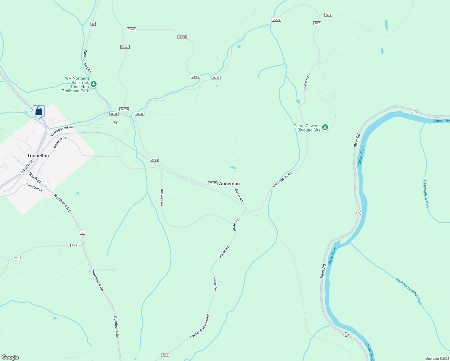 map of restaurants, bars, coffee shops, grocery stores, and more near County Route 26/35 in Tunnelton
