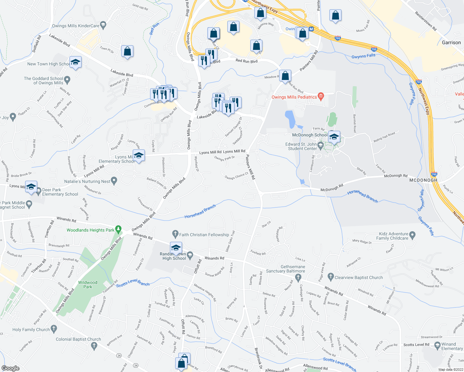 map of restaurants, bars, coffee shops, grocery stores, and more near 9230 Leigh Choice Ct in Owings Mills