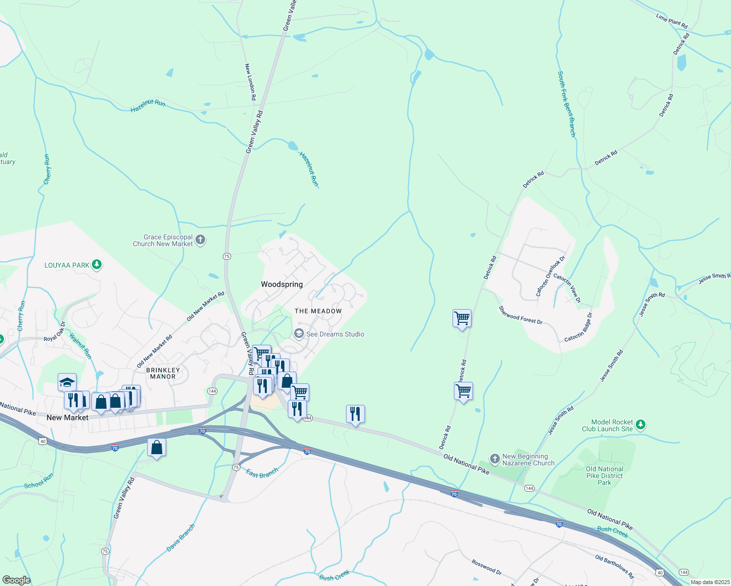 map of restaurants, bars, coffee shops, grocery stores, and more near 11865 Hart Glen Ct in New Market