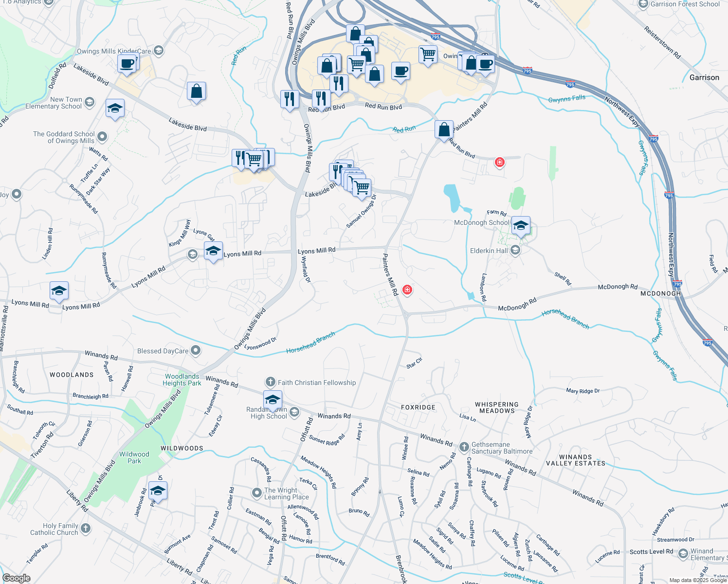 map of restaurants, bars, coffee shops, grocery stores, and more near 9241 Owings Choice Court in Owings Mills