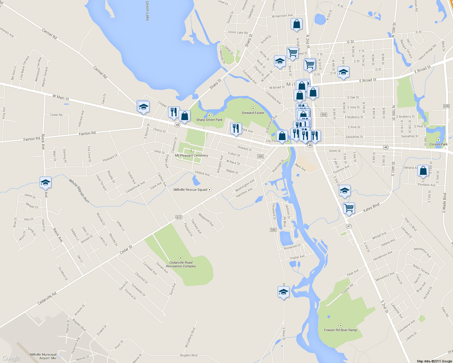 map of restaurants, bars, coffee shops, grocery stores, and more near 411 Ireland Avenue in Millville